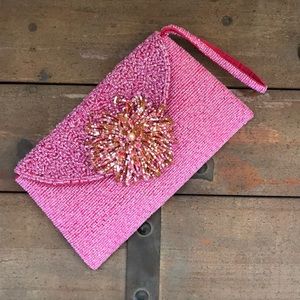 Brand New Beaded Pink Flower Clutch